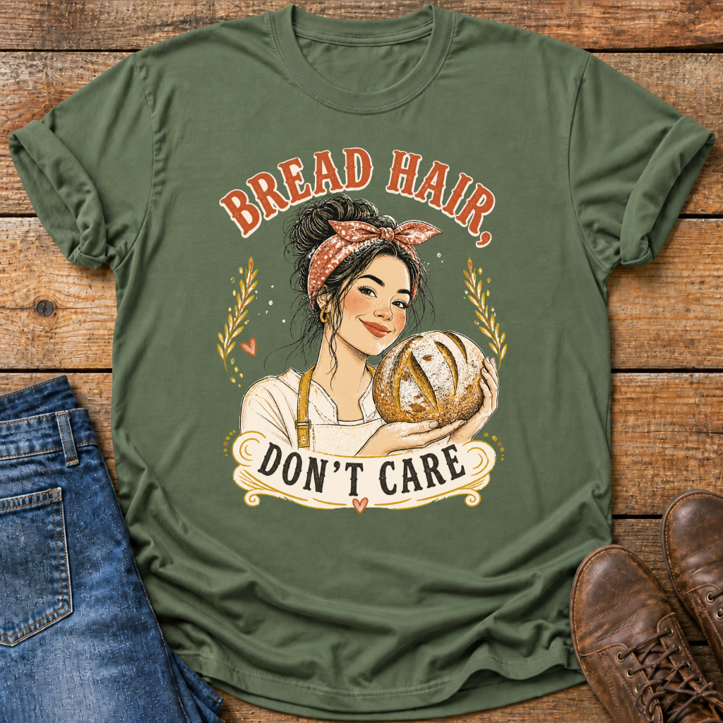 An olive green graphic t-shirt laid flat on a rustic wooden background, styled with a pair of blue jeans on the left and brown leather shoes on the right. The t-shirt features a retro-style illustration of a woman with a red bandana holding a loaf of bread, with the text 'BREAD HAIR, DON'T CARE' printed in orange and cream.