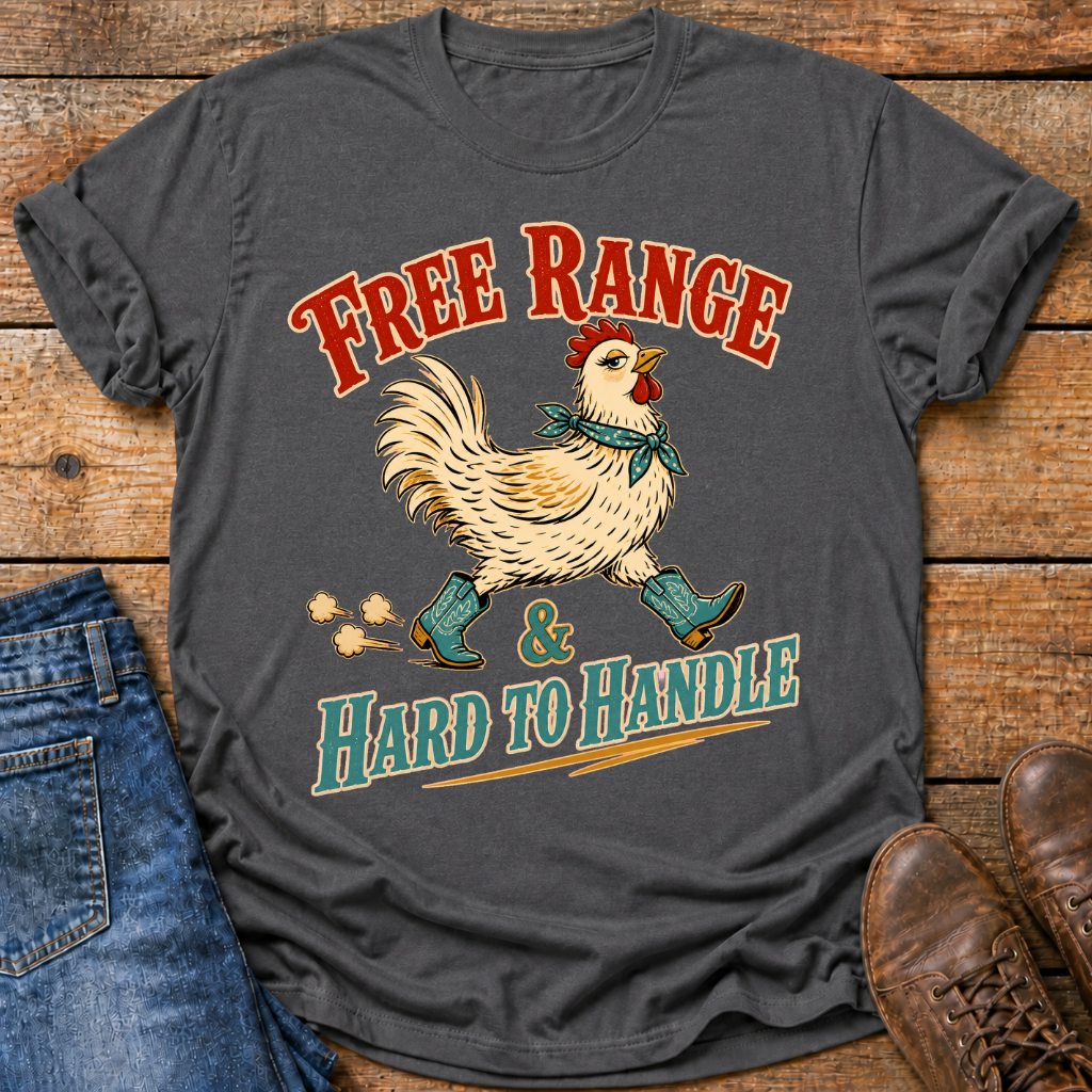 A dark gray graphic t-shirt featuring a vintage-style illustration of a white chicken wearing blue cowboy boots and a red bandana, with the text 'FREE RANGE & HARD TO HANDLE' in red and teal. The shirt is styled in a flat-lay on a rustic wooden background alongside blue jeans and brown leather boots.