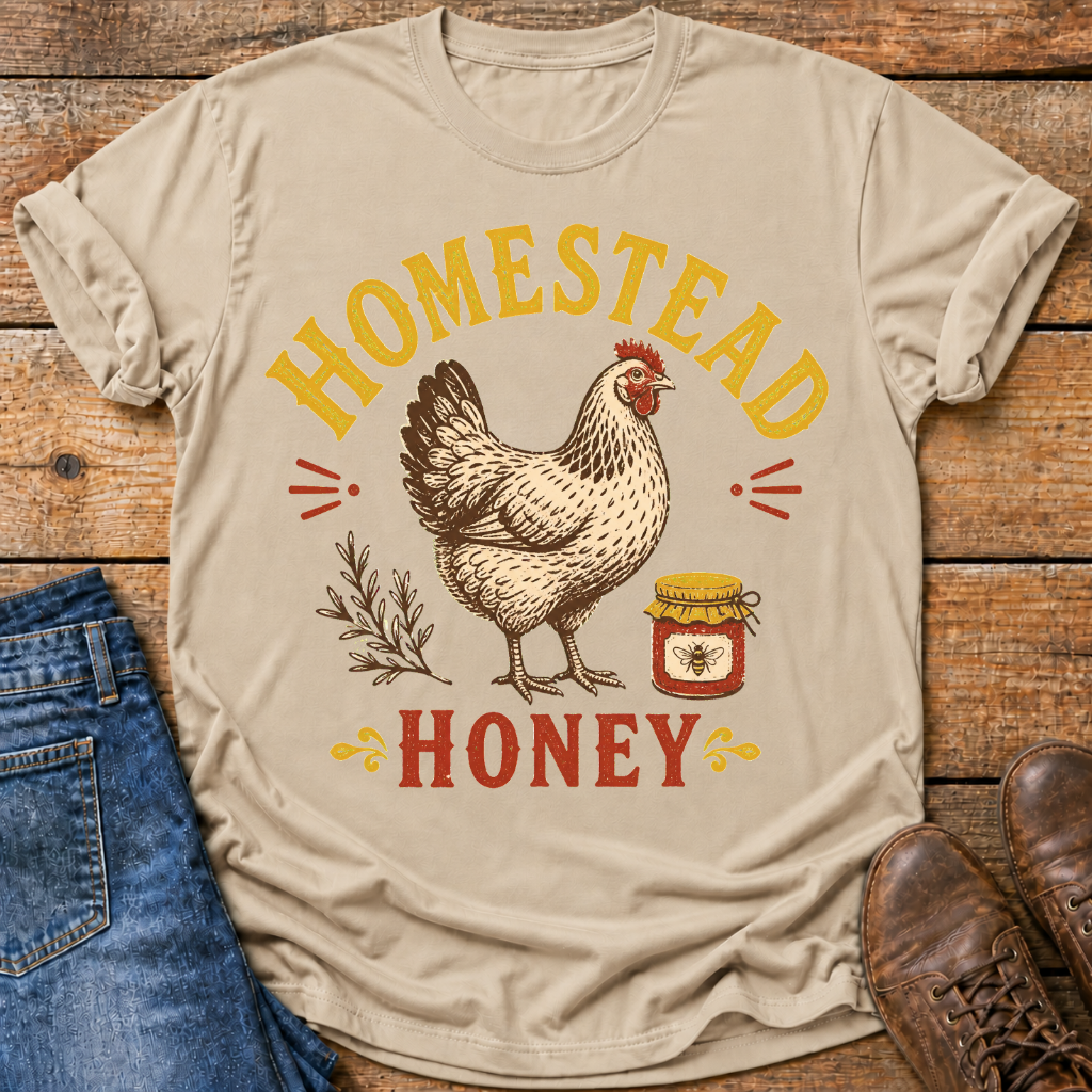 A beige graphic t-shirt featuring a chicken and honey jar design with the words 'HOMESTEAD HONEY' in yellow and red, styled flat on a rustic wooden background with blue jeans and brown shoes.