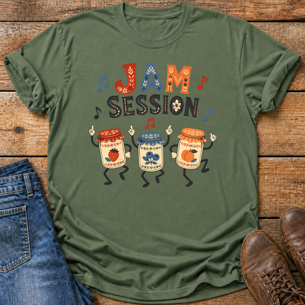 An olive green graphic t-shirt laid flat on a rustic wooden background, styled with blue jeans on the left and brown leather shoes on the right. The t-shirt features a colorful graphic of dancing strawberry, blueberry and peach jam jars that reads 'JAM SESSION' with three dancing jam jars and musical notes.
