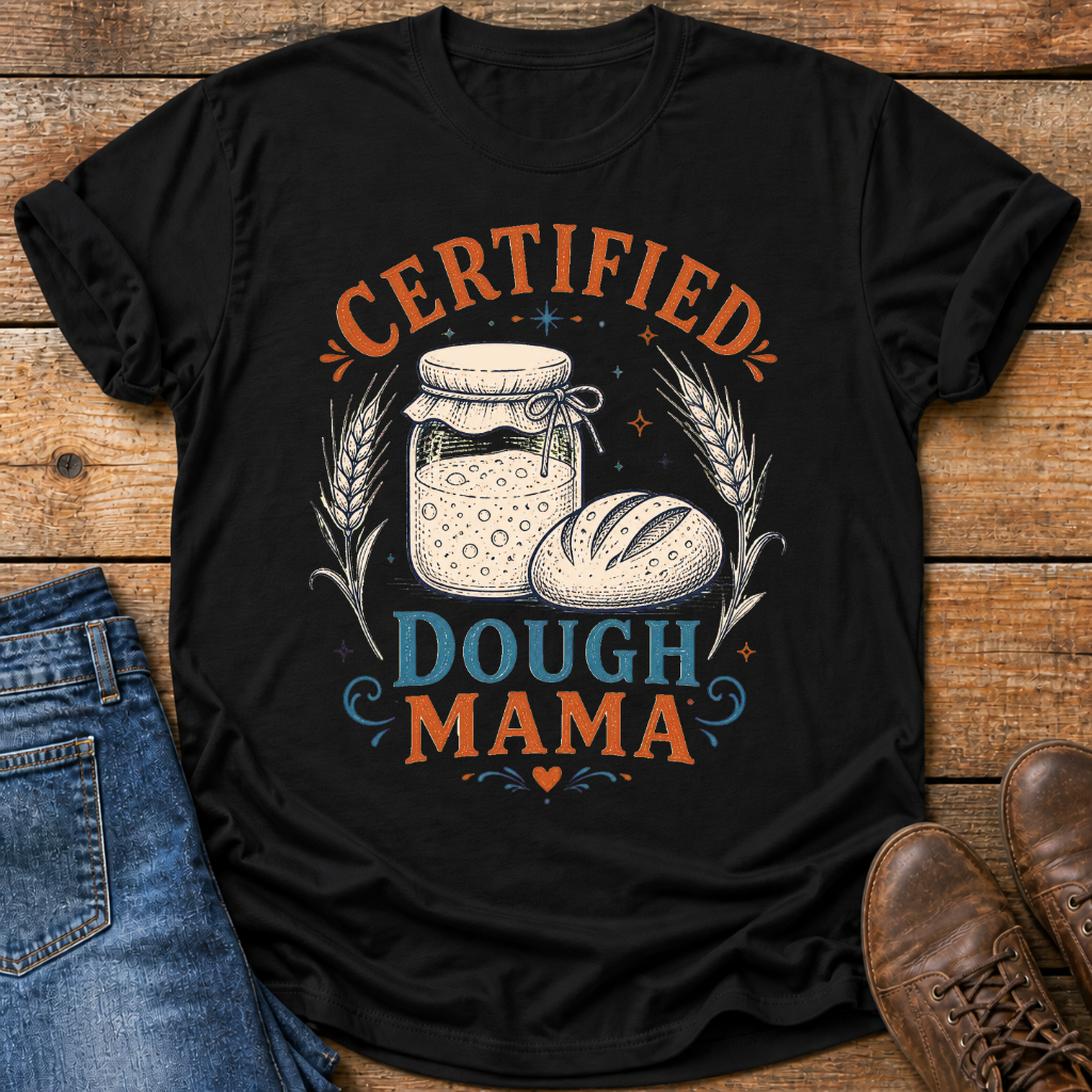A black graphic t-shirt laid flat on a rustic wooden surface, styled with blue jeans on the left and brown shoes on the right. The t-shirt features a graphic design with the words 'CERTIFIED DOUGH MAMA' in orange and blue, surrounding an illustration of a glass jar of dough and a loaf of bread.