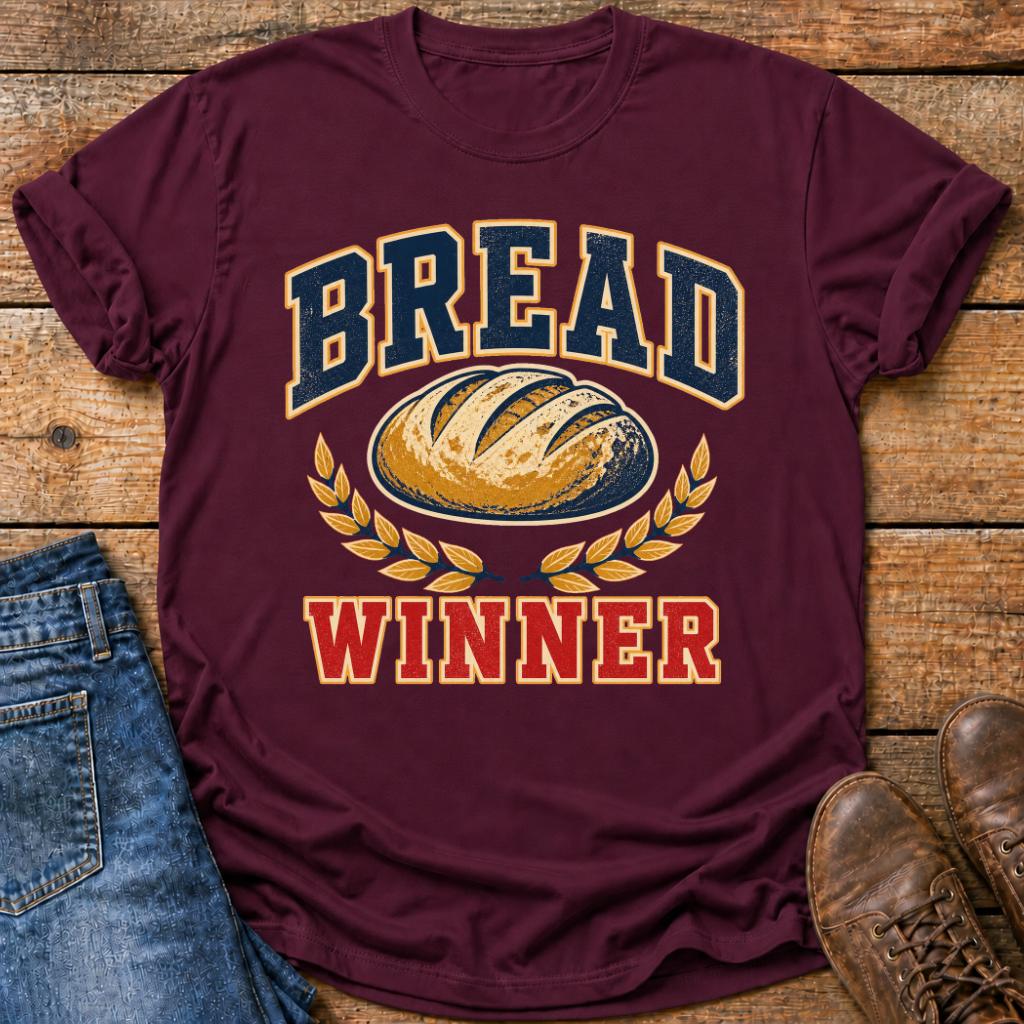 A maroon short-sleeve graphic T-shirt laid flat on a rustic wood surface, styled with blue jeans on the left and brown shoes on the right. The shirt features a large front print reading “BREAD WINNER” with a loaf of bread and wheat ears graphic.