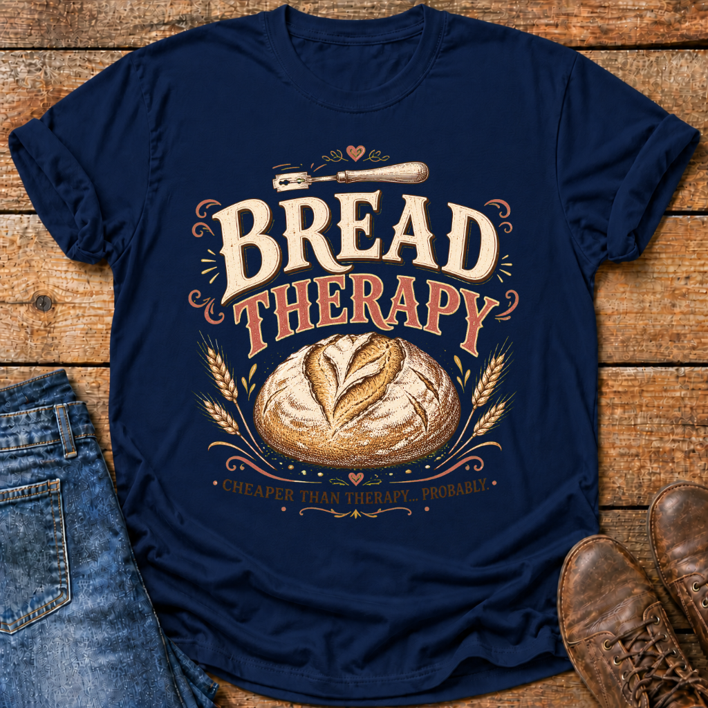 A navy blue graphic t-shirt laid flat on a rustic wooden surface, styled with blue jeans on the left and brown leather shoes on the right. The t-shirt features a retro-style graphic with the words 'BREAD THERAPY' in cream and orange-brown lettering, an illustration of a crusty loaf of bread, wheat stalks, and a small knife.