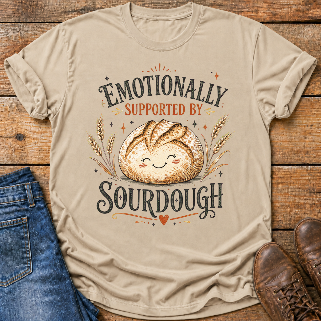 A beige graphic t-shirt featuring a cute sourdough bread illustration with the text 'EMOTIONALLY SUPPORTED BY SOURDOGH'. The t-shirt is displayed in a flat-lay arrangement on a rustic wooden background, styled with blue jeans and brown leather shoes.