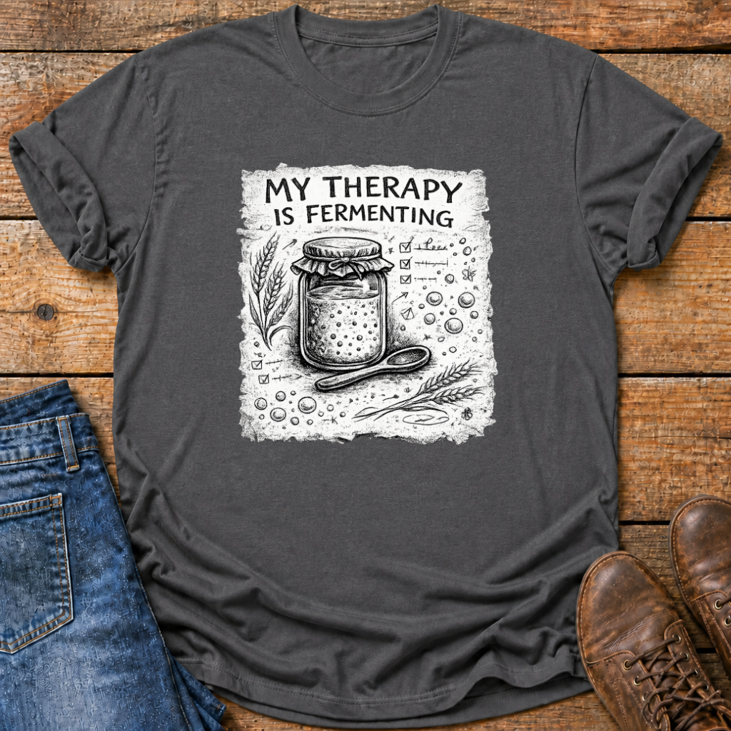 A dark gray graphic t-shirt laid flat on a rustic wooden background, styled with blue jeans on the left and brown leather shoes on the right. The t-shirt features a white distressed graphic with the text 'MY THERAPY IS FERMENTING' above an illustration of a glass jar with a rubber stopper, wheat stalks, and fermentation bubbles.