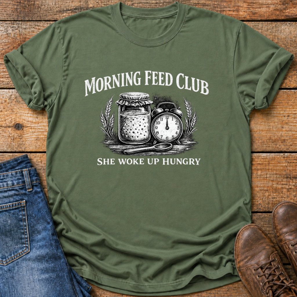 An olive green graphic t-shirt laid flat on a rustic wooden background, styled with a pair of blue jeans on the left and brown leather shoes on the right. The t-shirt features a white graphic print of a jar of honey, an alarm clock, and wheat stalks with the text 'MORNING FEED CLUB' and 'SHE WOKE UP HUNGRY'.