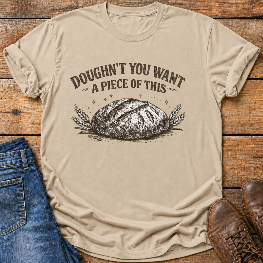A beige graphic t-shirt laid flat on a rustic wooden surface, styled with blue jeans on the left and brown leather shoes on the right. The t-shirt features a black graphic of a crusty loaf of bread with wheat ears and the text 'DOUGHN'T YOU WANT A PIECE OF THIS'.