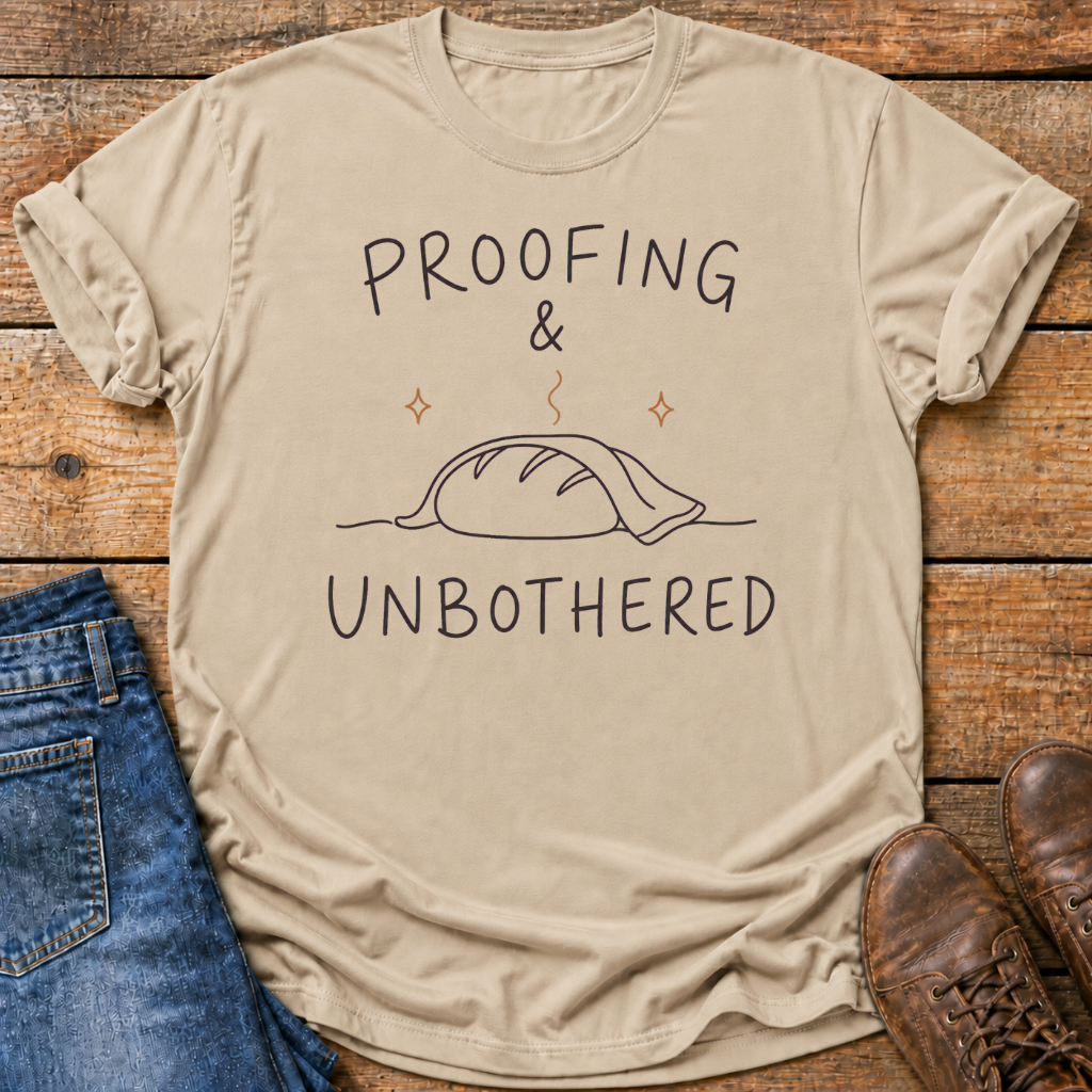 A beige graphic t-shirt with the text 'PROOFING & UNBOOTHERED' and a simple drawing of a loaf of bread, styled in a flat lay on a rustic wooden background with blue jeans and brown shoes.