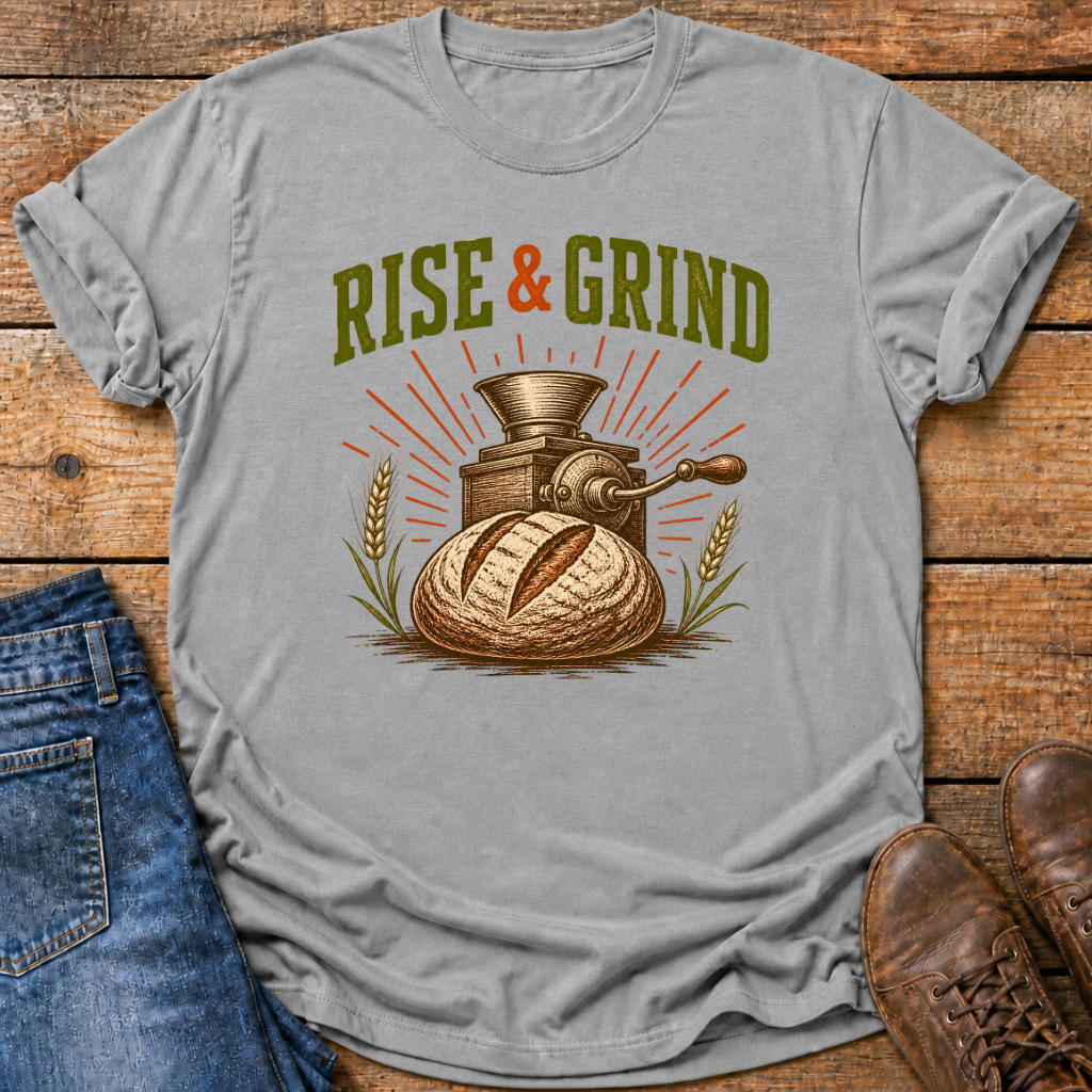 A light gray crewneck t-shirt with a vintage-style graphic reading 'RISE & GRIND' above an illustration of a bread dough ball, wheat stalks, and a coffee grinder. The shirt is styled in a flat lay on a rustic wooden background, with blue jeans and brown leather shoes partially visible at the edges.