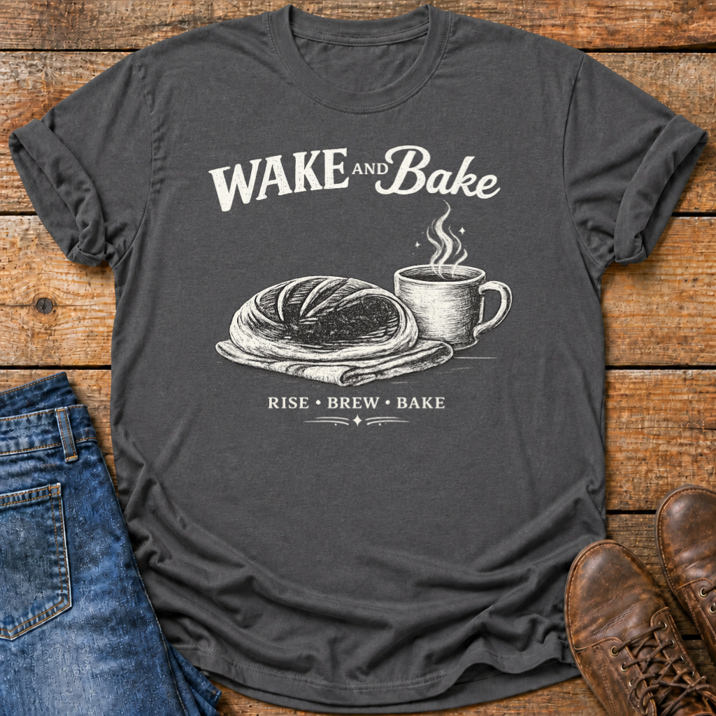 A dark charcoal gray graphic t-shirt featuring a white hand-drawn style illustration of a loaf of bread and a steaming mug, with the text 'WAKE AND Bake' and 'RISE • BREW • BAKE'. The shirt is styled in a flat-lay arrangement on a rustic wooden background, accompanied by blue jeans and brown leather shoes.