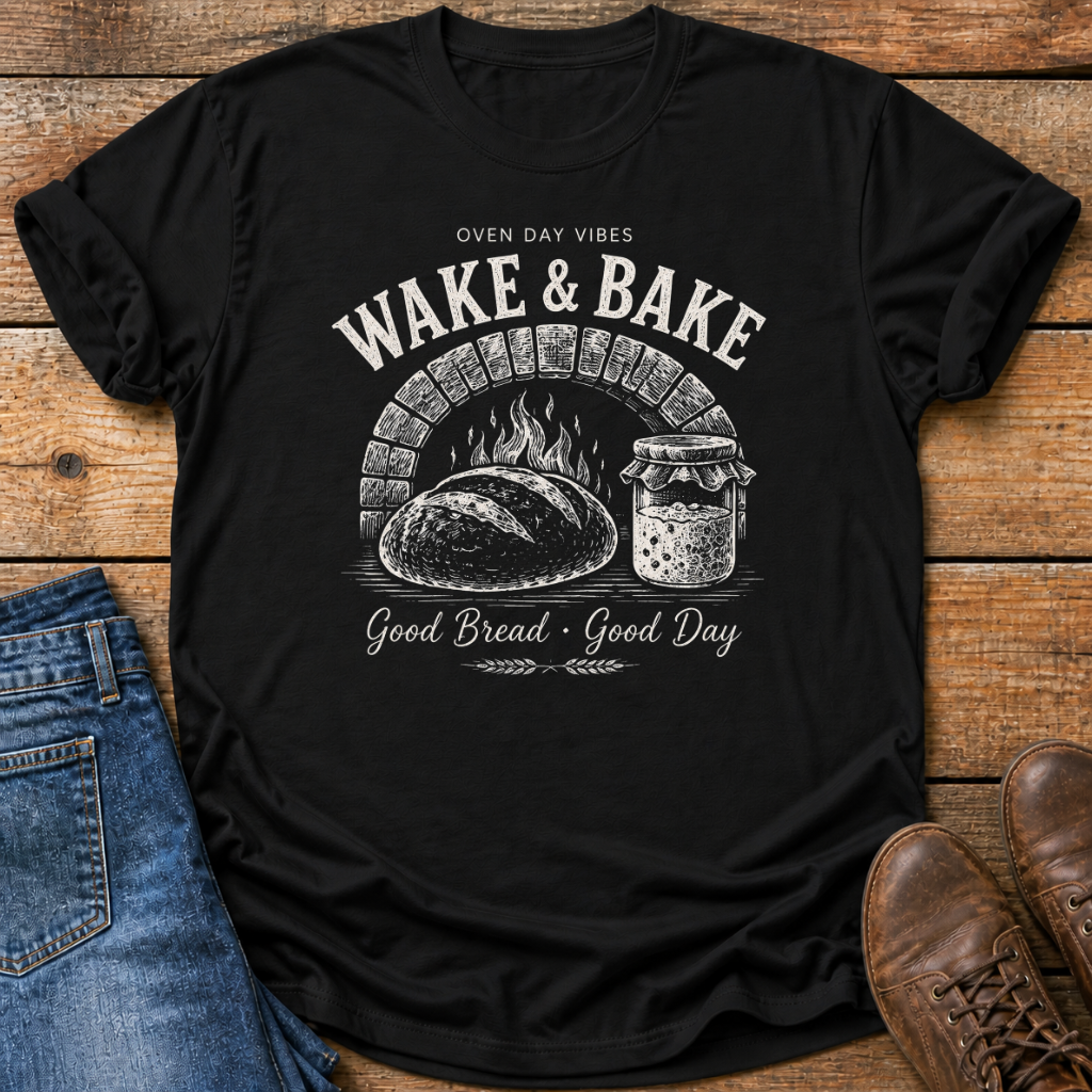 A black graphic t-shirt laid flat on a rustic wooden surface, styled with blue jeans on the left and brown leather shoes on the right. The t-shirt features a white graphic print of a bread loaf, a mason jar, and an oven illustration with the text 'OVEN DAY VIBES WAKE & BAKE Good Bread Good Day'.