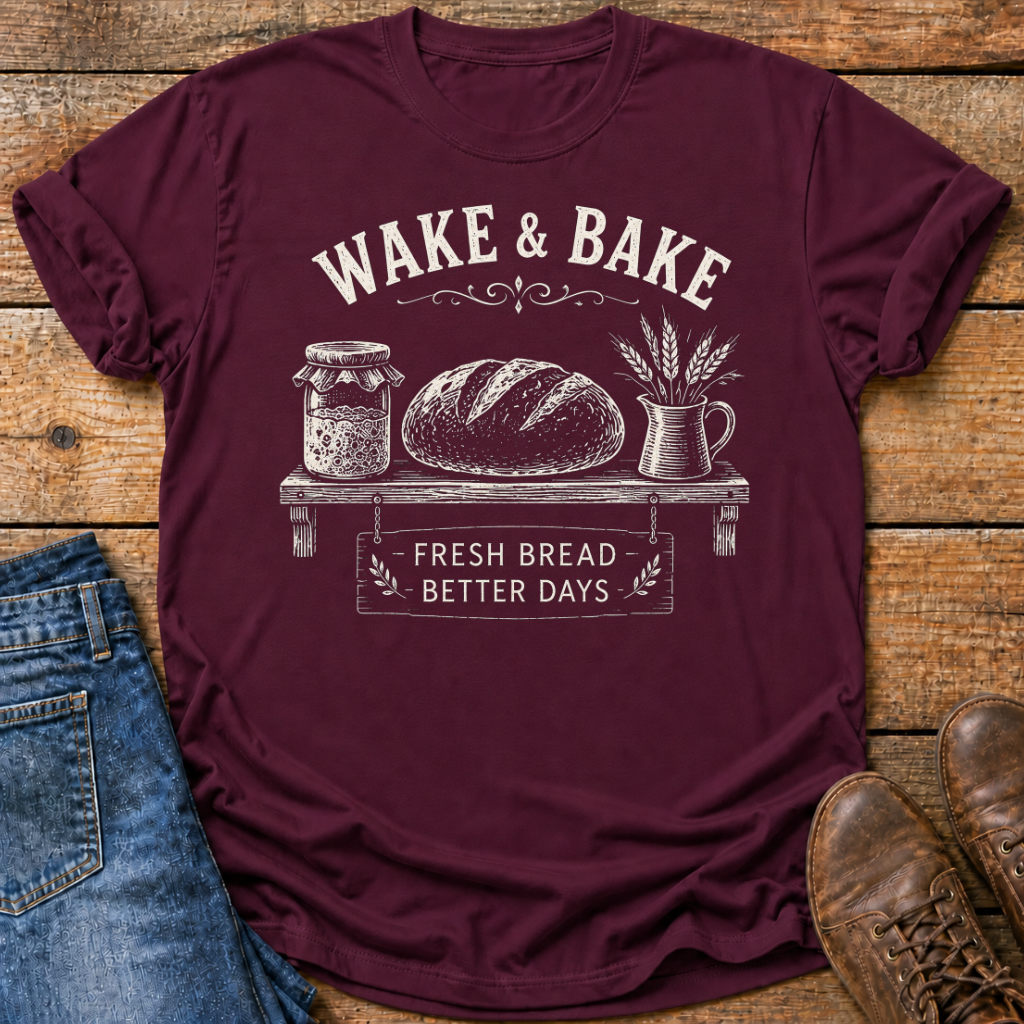 A maroon short-sleeve graphic T-shirt laid flat on a rustic wooden surface, styled with blue jeans, a brown shoe, and a small basket of bread. The shirt graphic reads “WAKE & BAKE” above an illustration of bread, wheat, and a sign reading “FRESH BREAD BETTER DAYS.