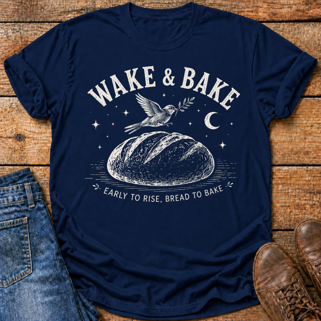 A navy blue graphic t-shirt laid flat on a rustic wooden surface, styled with a pair of blue jeans on the left and brown leather shoes on the right. The t-shirt features a white graphic of a bird perched on a loaf of bread under a crescent moon and stars, with the text 'WAKE & BAKE' and 'EARLY TO RISE, BREAD TO BAKE'.