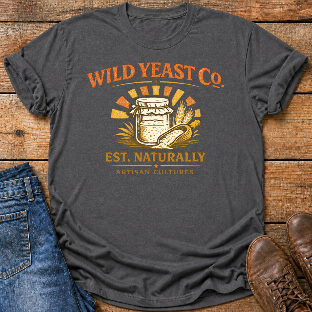 A dark charcoal gray graphic t-shirt laid flat on a rustic wooden surface, styled with blue jeans on the left and brown leather shoes on the right. The t-shirt features a retro-style graphic of sourdough starter, flour and wheat with the text 'WILD YEAST CO.