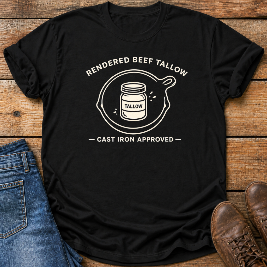 A black short-sleeve graphic T-shirt laid flat on a rustic wood surface, styled with blue jeans and brown shoes. The shirt has a white printed graphic reading “Rendered Beef Tallow” and “Cast Iron Approved,” with an illustration of a jar labeled “Tallow” inside a cast-iron skillet.