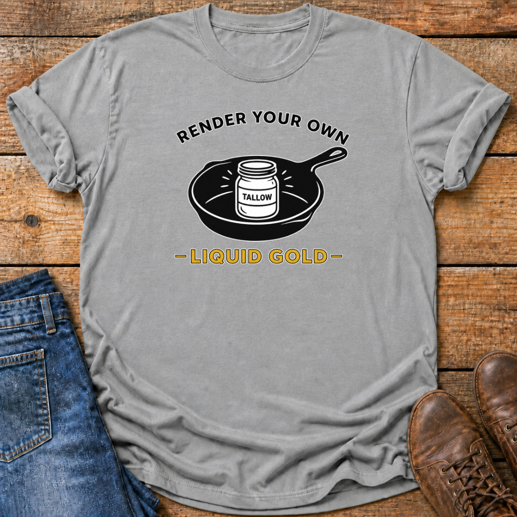 A light gray short-sleeve t-shirt with a graphic print of a jar labeled 'TALLOW' inside a cast iron frying pan, with the text 'RENDER YOUR OWN LIQUID GOLD' in black and yellow. The shirt is displayed in a flat-lay arrangement on a rustic wooden background, partially covered by blue jeans and brown leather shoes.