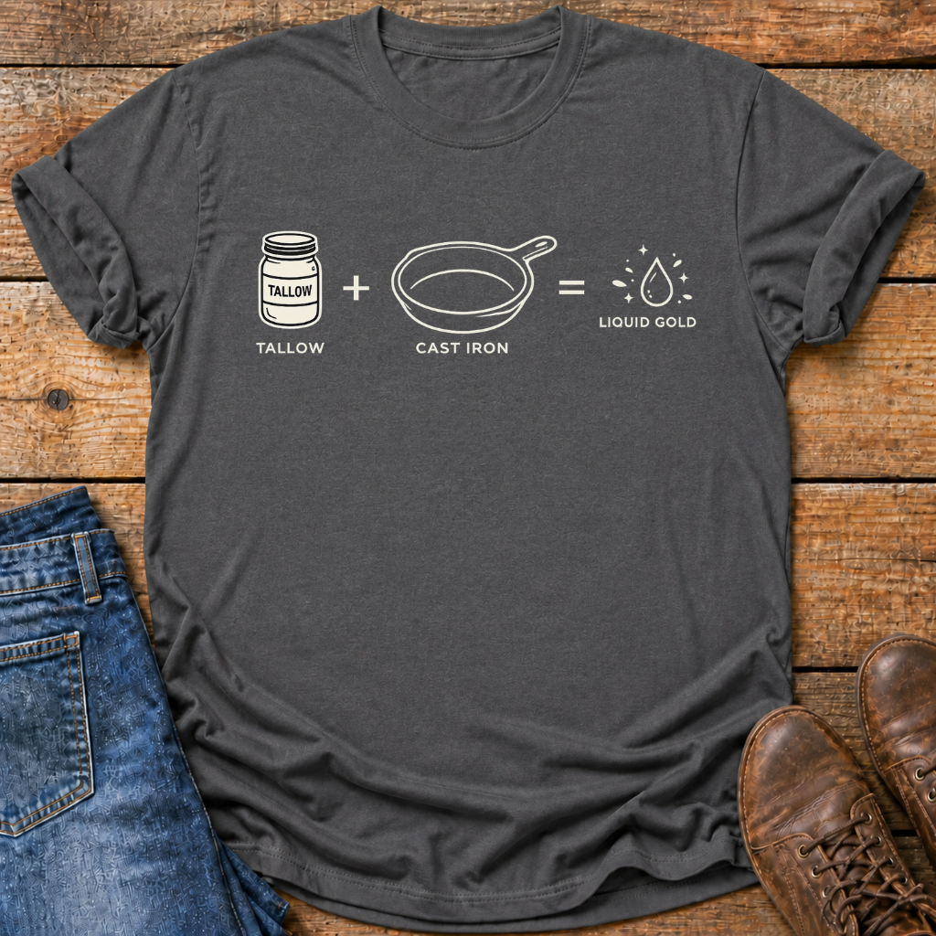 A dark gray graphic t-shirt laid flat on a rustic wooden background, styled with blue jeans and brown leather shoes. The t-shirt features a white line-art graphic of a tallow jar, a cast iron skillet, and a droplet with the text 'TALLOW + CAST IRON = LIQUID GOLD'.