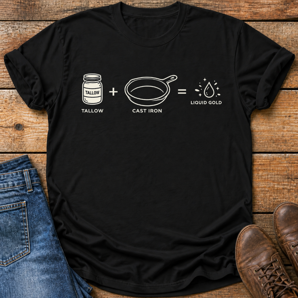 A black graphic t-shirt laid flat on a rustic wooden background, styled with blue jeans and brown leather shoes. The t-shirt features a white line-art graphic of a tallow jar, a cast iron skillet, and a droplet with the text 'TALLOW + CAST IRON = LIQUID GOLD'.