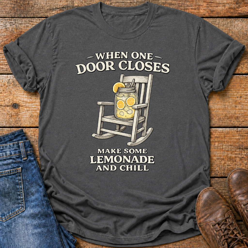 A dark charcoal gray graphic t-shirt laid flat on a rustic wooden background, styled with blue jeans on the left and brown leather shoes on the right. The t-shirt features a graphic of a lemonade stand in a rocking chair with the text 'WHEN ONE DOOR CLOSES MAKE SOME LEMONADE AND CHILL'.