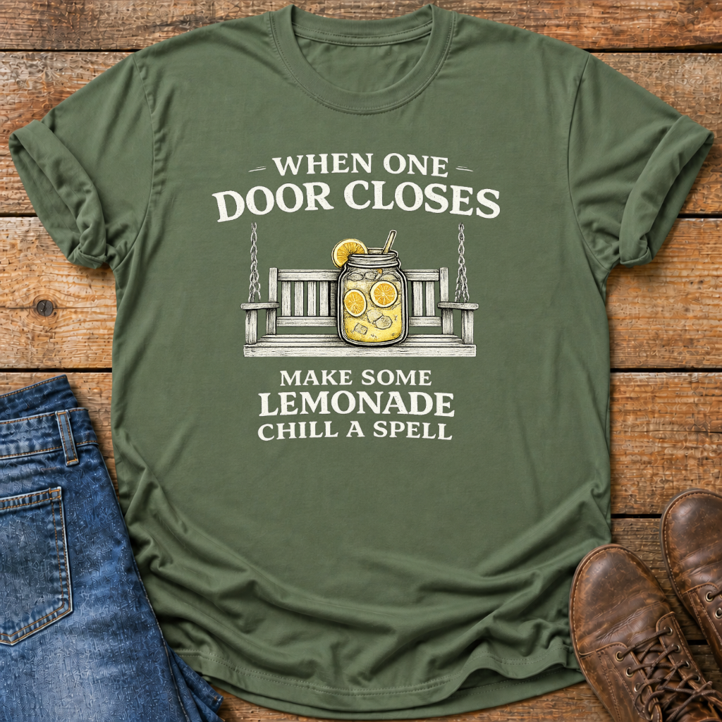 An olive green graphic t-shirt laid flat on a rustic wooden background, styled with blue jeans on the left and brown leather shoes on the right. The t-shirt features a white and yellow graphic of a mason jar lemonade on a swing with the text 'WHEN ONE DOOR CLOSES MAKE SOME LEMONADE CHILL A SPELL'.