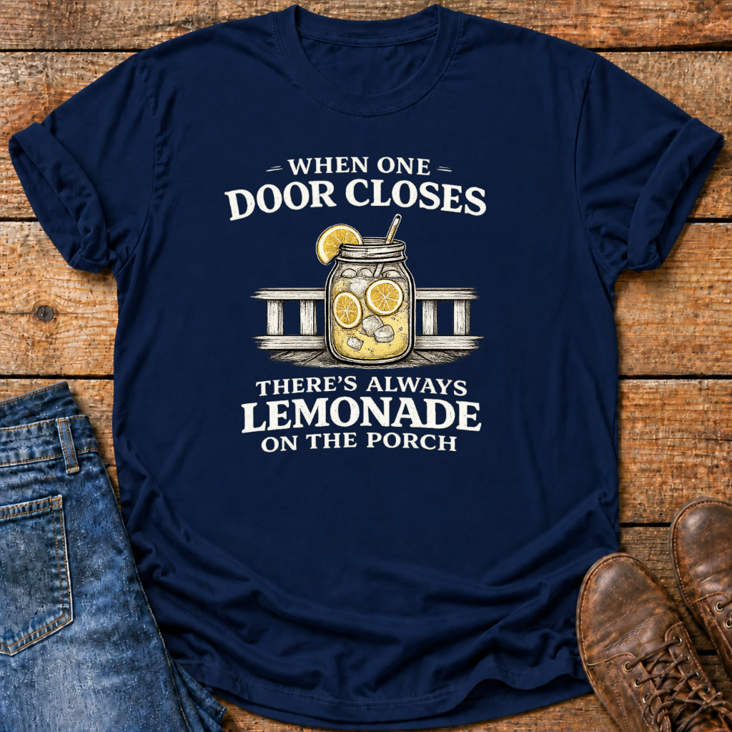 A navy blue graphic t-shirt laid flat on a rustic wooden surface, styled with blue jeans on the left and brown leather shoes on the right. The t-shirt features a graphic of a lemonade mason jar with lemons and the text 'WHEN ONE DOOR CLOSES THERE'S ALWAYS LEMONADE ON THE PORCH'.