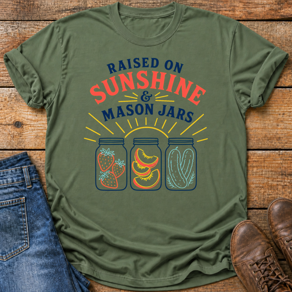 An olive green graphic t-shirt laid flat on a rustic wooden background, styled with a pair of blue jeans and brown leather shoes. The t-shirt features a colorful graphic with the text 'RAISED ON SUNSHINE & MASON JARS' and illustrations of three mason jars containing strawberries, citrus slices, and beets.