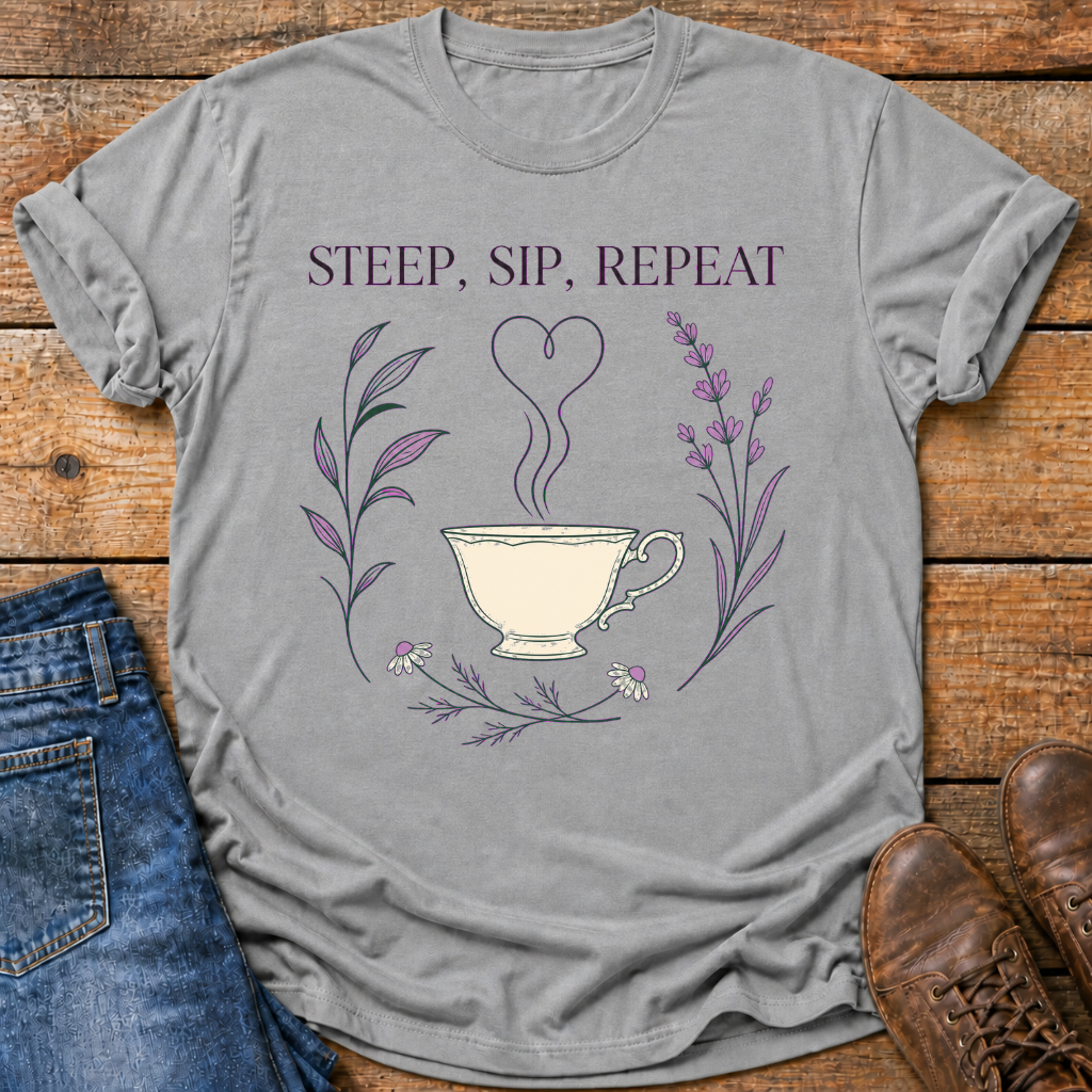 A gray short-sleeve graphic T-shirt laid flat on a rustic wooden surface, styled with blue jeans and brown shoes. The shirt has printed text reading 'STEEP, SIP, REPEAT' above an illustration of a teacup with steam forming a heart and purple botanical details.