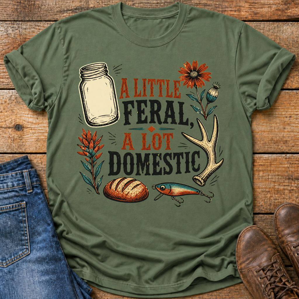 An olive green graphic t-shirt laid flat on a rustic wooden background, styled with blue jeans on the left and brown leather shoes on the right. The t-shirt features a graphic print with the text 'A LITTLE FERAL, A LOT DOMESTIC' surrounded by illustrations of a mason jar, a flower, a bread loaf, a fishing lure, and a deer antler.