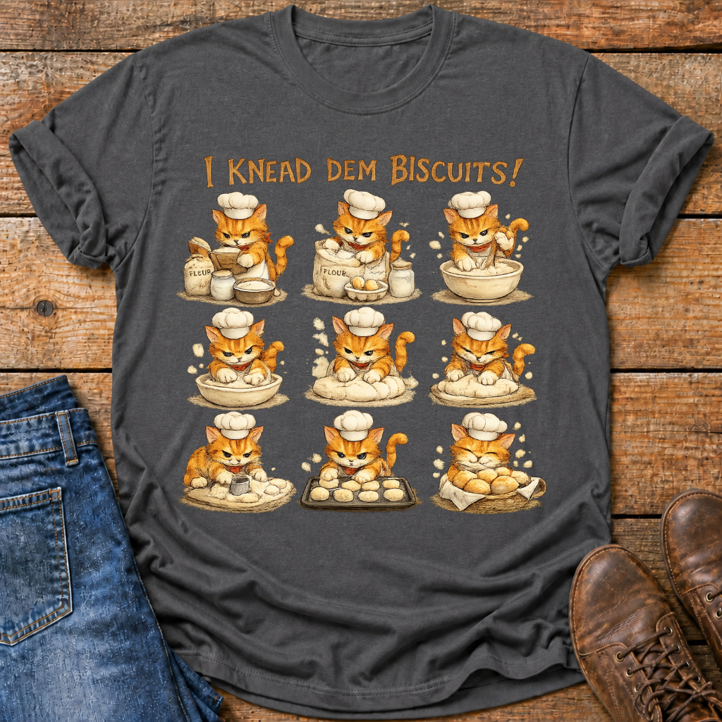 A dark gray graphic t-shirt laid flat on a rustic wooden background, styled with blue jeans on the left and brown shoes on the right. The t-shirt features a cartoon illustration of an orange cat acting as a baker, kneading dough in nine steps, with the text 'I KNEAD DEM BISCUITS!' printed above.