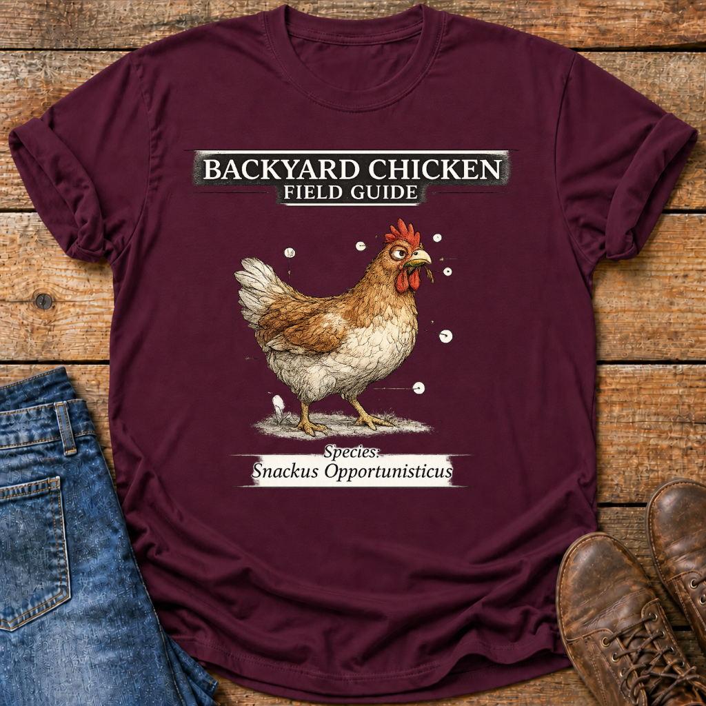 A maroon short-sleeve graphic T-shirt laid flat on a rustic wood surface, styled with blue jeans on the left and brown shoes on the right. The shirt features a printed illustration of a brown and white chicken with the text 'BACKYARD CHICKEN FIELD GUIDE' and 'Species: Snackus Opportunisticus'.
