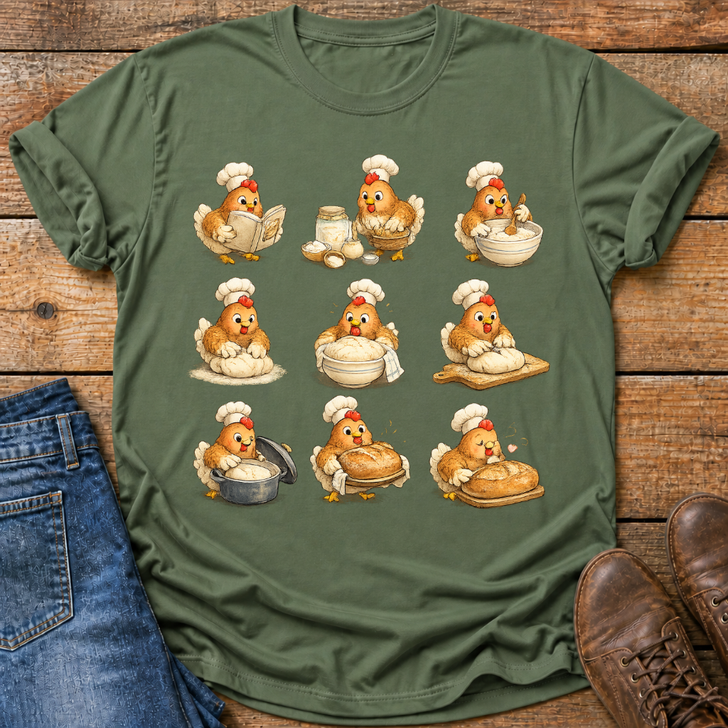 An olive green short-sleeve t-shirt laid flat on a rustic wooden surface, featuring a 3x3 grid of cartoon chicken illustrations dressed as bakers performing various cooking and baking actions. The shirt is styled with a pair of blue jeans on the left and a pair of brown leather shoes on the right.