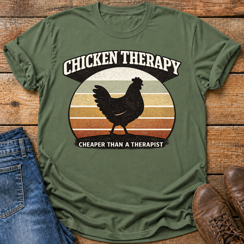 An olive green graphic t-shirt laid flat on a rustic wooden background, styled with a pair of blue jeans on the left and brown leather shoes on the right. The t-shirt features a distressed retro-style graphic with a black chicken silhouette over horizontal sunset stripes in beige, orange, and brown, with the text 'CHICKEN THERAPY' and 'CHEAPER THAN A THERAPIST'.