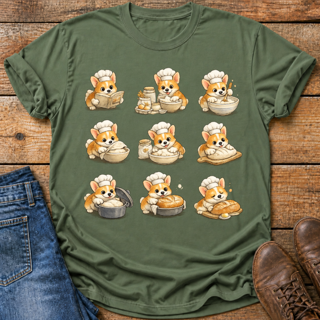 An olive green short-sleeve t-shirt laid flat on a rustic wooden surface, featuring a 3x3 graphic print of cute corgi puppies dressed as bakers with flour, bread, and chef hats. The shirt is styled with a pair of blue jeans on the left and brown leather shoes on the right.