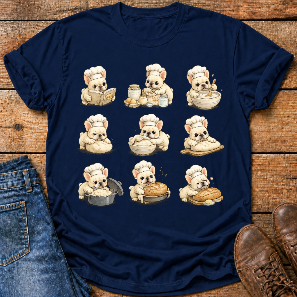 A navy blue short-sleeve t-shirt laid flat on a rustic wooden surface, featuring a 3x3 grid of cute cartoon French bulldog illustrations dressed as chefs baking bread. The shirt is styled with folded blue jeans on the left and brown leather shoes on the right.