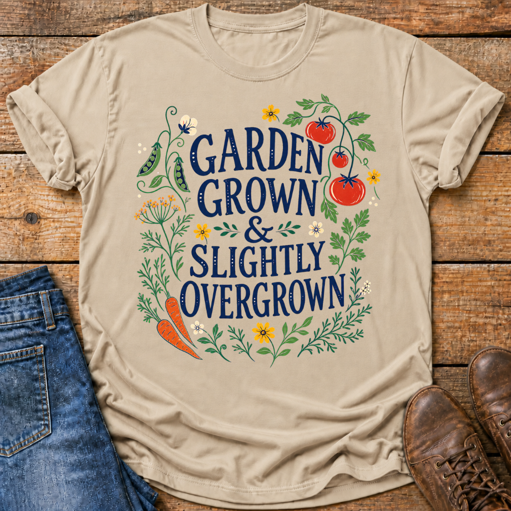 A beige graphic t-shirt laid flat on a rustic wooden surface, styled with blue jeans on the left and brown boots on the right. The t-shirt features a colorful graphic with the text 'GARDEN GROWN & SLIGHTLY OVERGROWN' surrounded by illustrations of tomatoes, carrots, and green leaves.