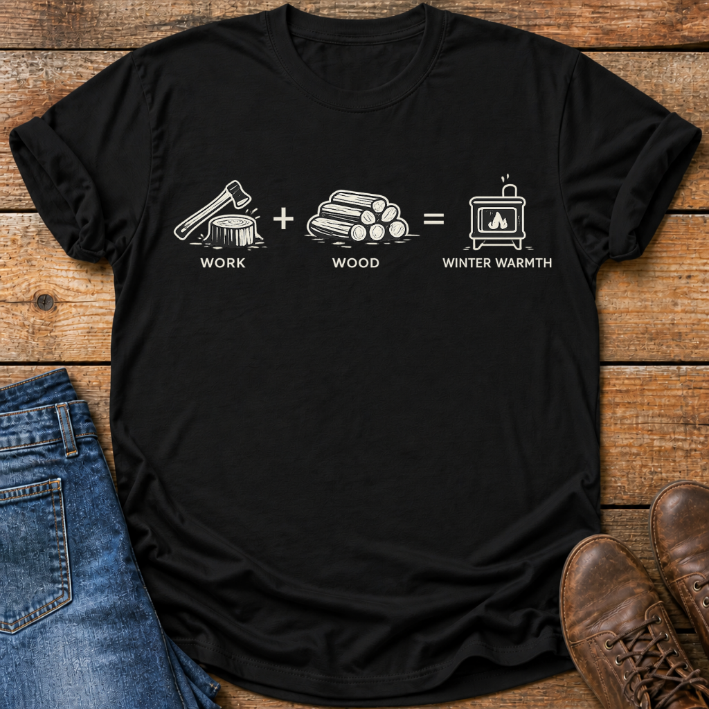 A black short-sleeve graphic T-shirt laid flat on a rustic wooden surface, styled with blue jeans and brown boots. The shirt has a white printed graphic showing an axe, wood logs, and a fireplace with the text 'WORK + WOOD = WINTER WARMTH'.