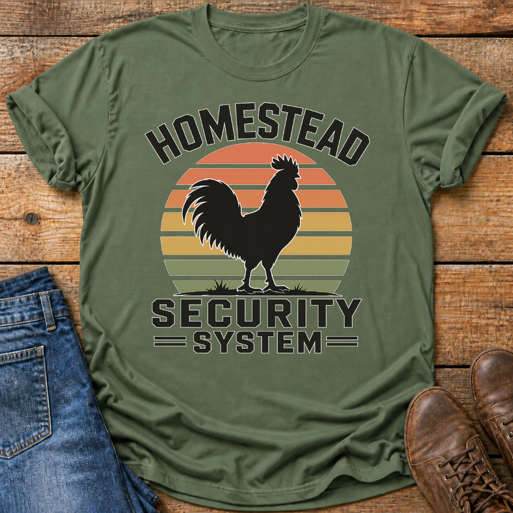 An olive green graphic t-shirt laid flat on a rustic wooden background, styled with a pair of blue jeans on the left and brown leather shoes on the right. The t-shirt features a graphic of a black rooster silhouette in front of a retro sunset circle with orange, yellow, and green stripes, with the text 'HOMESTEAD SECURITY SYSTEM' printed in black.