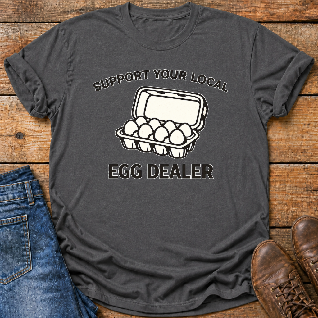 A dark charcoal gray t-shirt with a graphic of an egg carton and the text 'SUPPORT YOUR LOCAL EGG DEALER' in white. The shirt is displayed in a flat-lay arrangement on a rustic wooden background, styled with blue jeans and brown leather shoes.