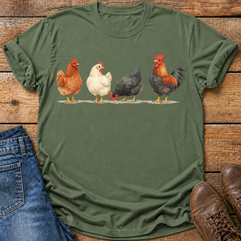 An olive green short-sleeve t-shirt with a graphic print of four chickens (two brown, one white, one black) and a rooster, styled in a flat lay on a rustic wooden background next to blue jeans and brown shoes.