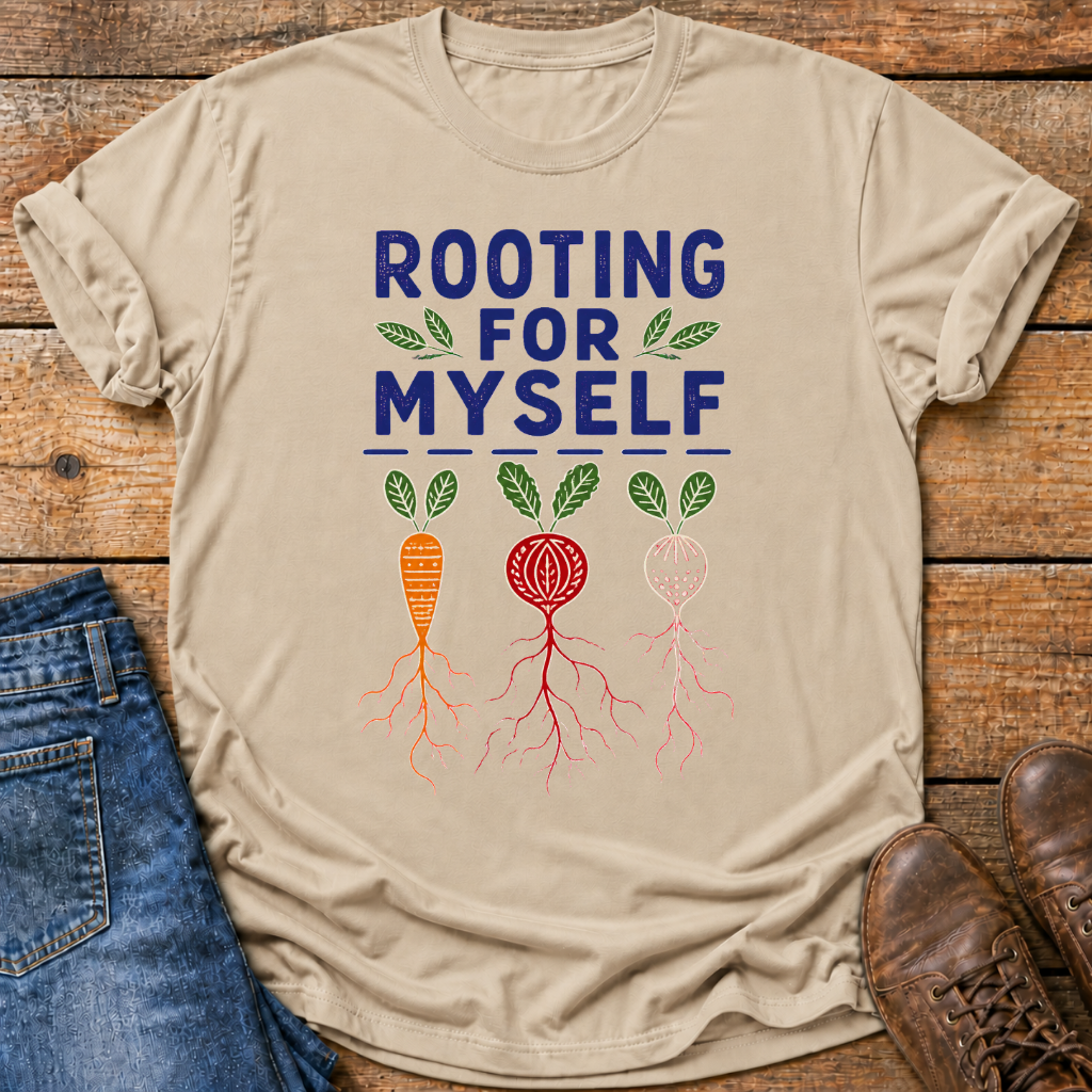 A beige graphic T-shirt laid flat on a rustic wooden surface, styled with blue jeans and brown shoes. The shirt has a printed design that reads 'ROOTING FOR MYSELF' in blue, with green leaves and three illustrated roots in orange, red, and white below.