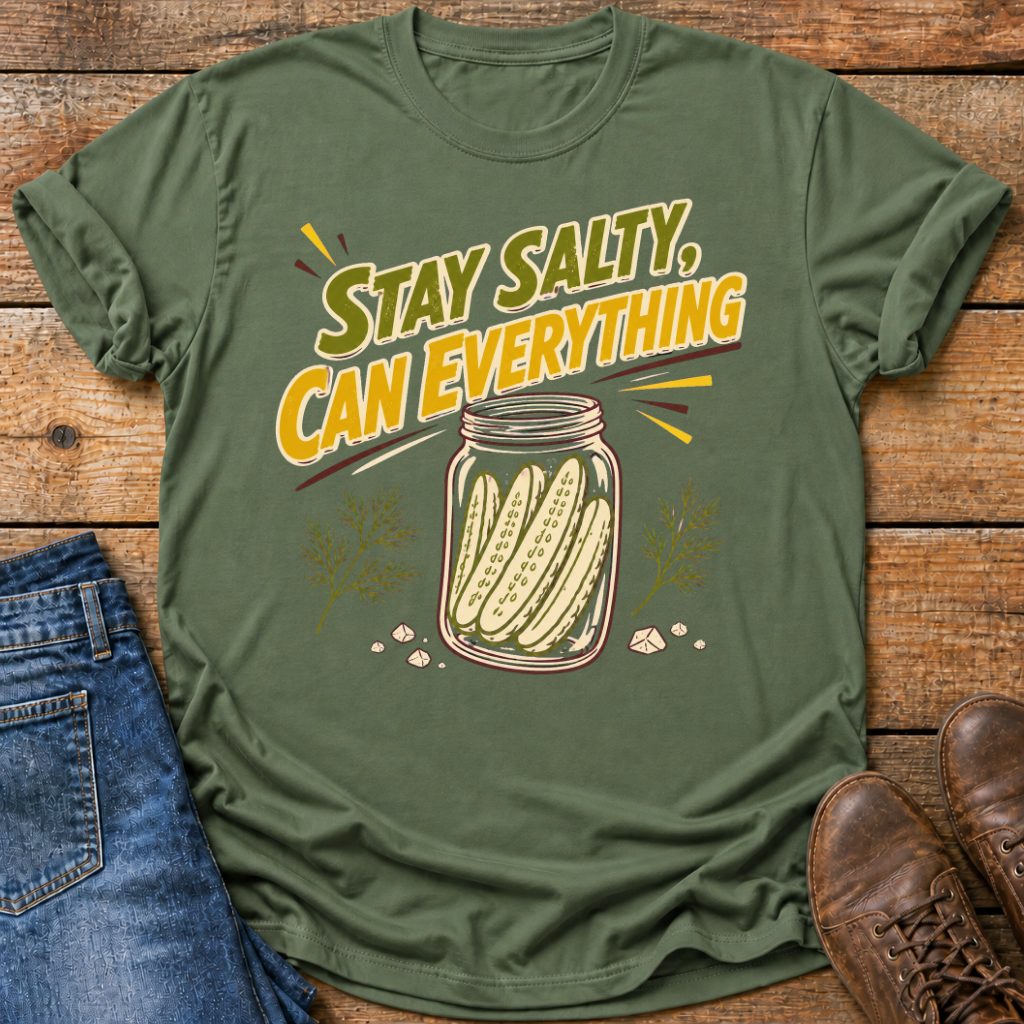 An olive green graphic t-shirt laid flat on a rustic wooden background, styled with a pair of blue jeans on the left and brown leather shoes on the right. The t-shirt features a graphic of a mason jar filled with pickles and the text 'STAY SALTY, CAN EVERYTHING' in yellow and white.