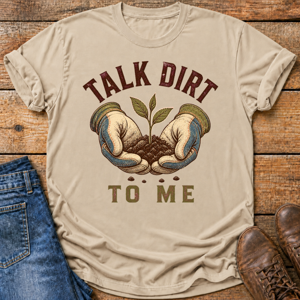 A beige graphic t-shirt laid flat on a rustic wooden background, styled with blue jeans and brown boots. The t-shirt features a graphic of two hands holding soil with a small green sprout, with the text 'TALK DIRT TO ME' in dark red and olive green.