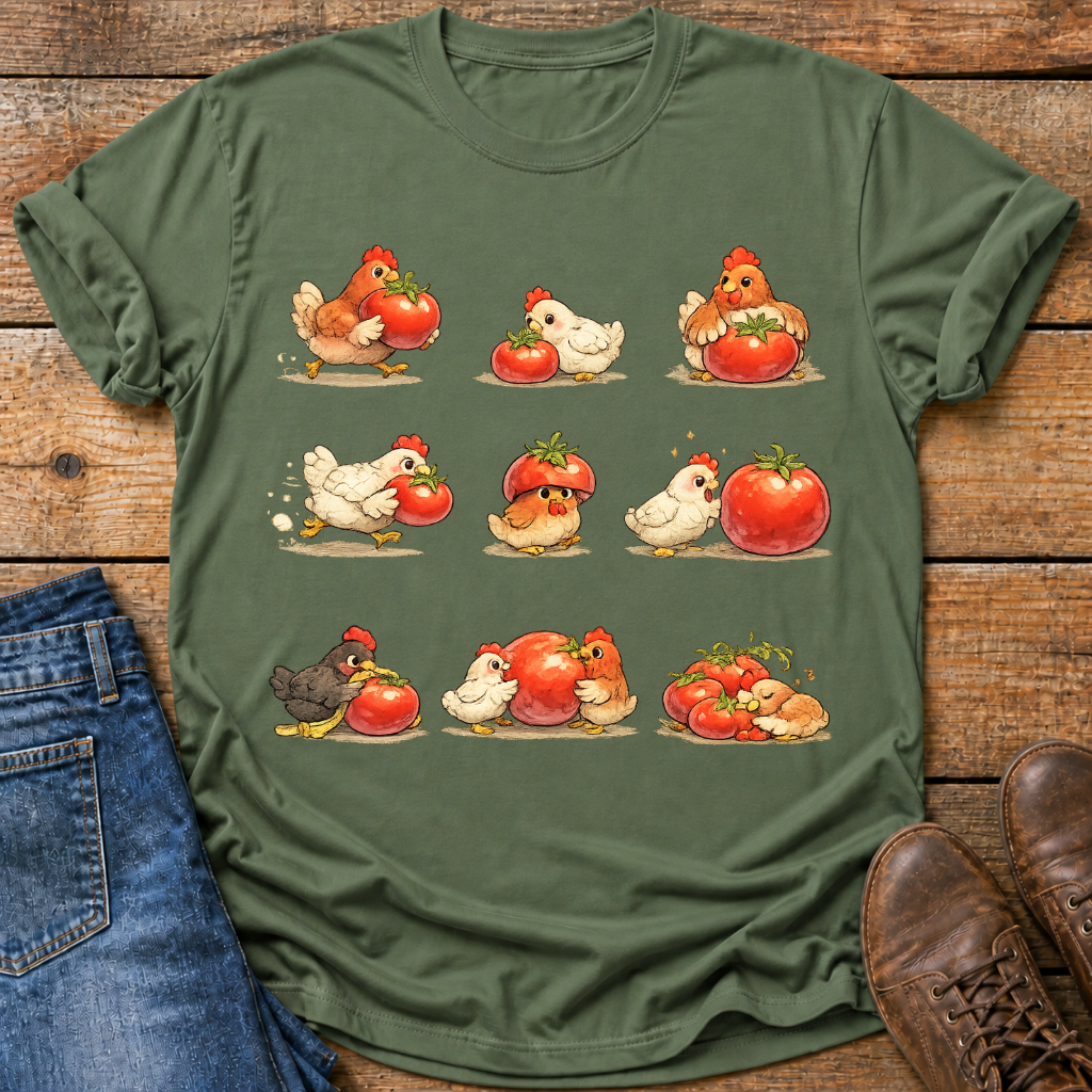 An olive green short-sleeve t-shirt with a cartoon graphic of chickens and tomatoes, styled in a flat-lay on a wooden background with blue jeans and brown shoes.