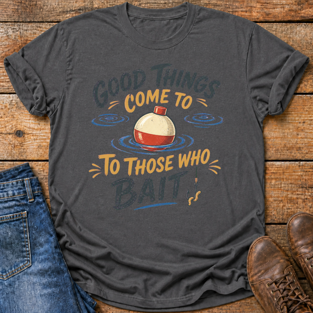 A dark gray graphic t-shirt laid flat on a rustic wooden background, styled with blue jeans on the left and brown leather shoes on the right. The t-shirt features a fishing bobbing fish graphic with the text 'GOOD THINGS COME TO THOSE WHO BAIT' in a distressed yellow and blue font.