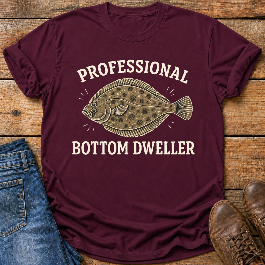 A maroon short-sleeve t-shirt with a graphic of a flounder fish and the text 'PROFESSIONAL BOTTOM DWELLER' in cream, styled in a flat lay on a wooden surface with blue jeans and brown boots.
