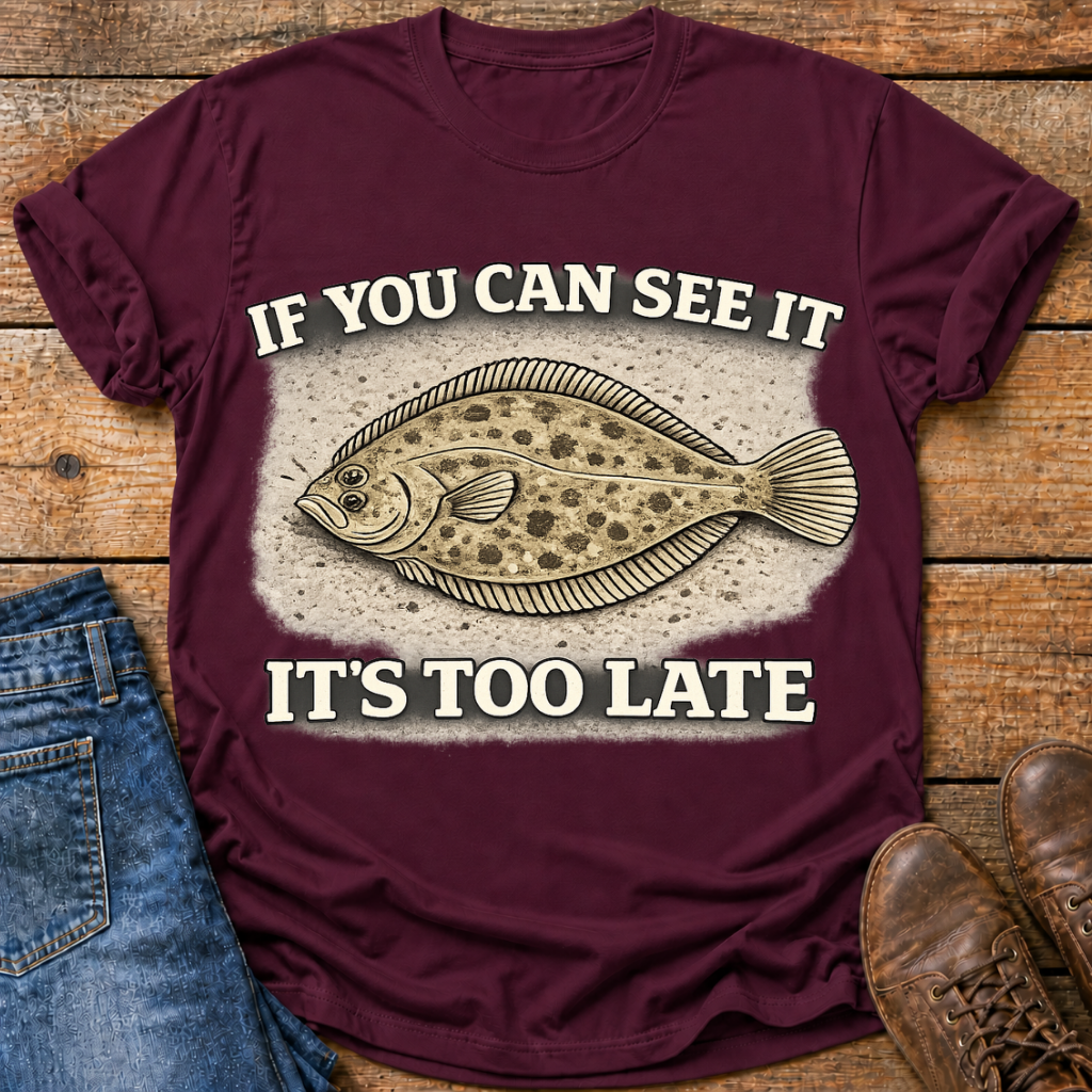 A maroon short-sleeve graphic T-shirt laid flat on a rustic wood surface, styled with blue jeans and brown shoes. The shirt features a large flounder fish illustration over a distressed beige rectangle with the text 'IF YOU CAN SEE IT IT'S TOO LATE' in white.