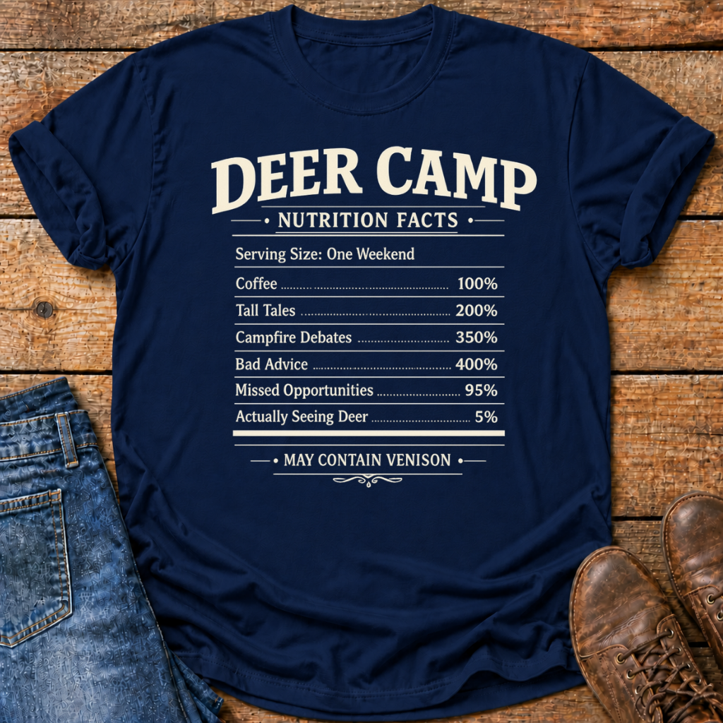 A navy blue graphic t-shirt laid flat on a rustic wooden surface, styled with blue jeans on the left and brown leather shoes on the right. The t-shirt features a humorous 'Deer Camp Nutrition Facts' label printed in white text.