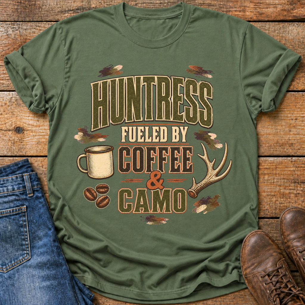 An olive green graphic t-shirt laid flat on a rustic wooden background, styled with blue jeans, brown shoes, and coffee beans. The t-shirt features a graphic that reads 'HUNTRESS FUELED BY COFFEE & CAMO' with a mug, coffee beans, and a deer antler.