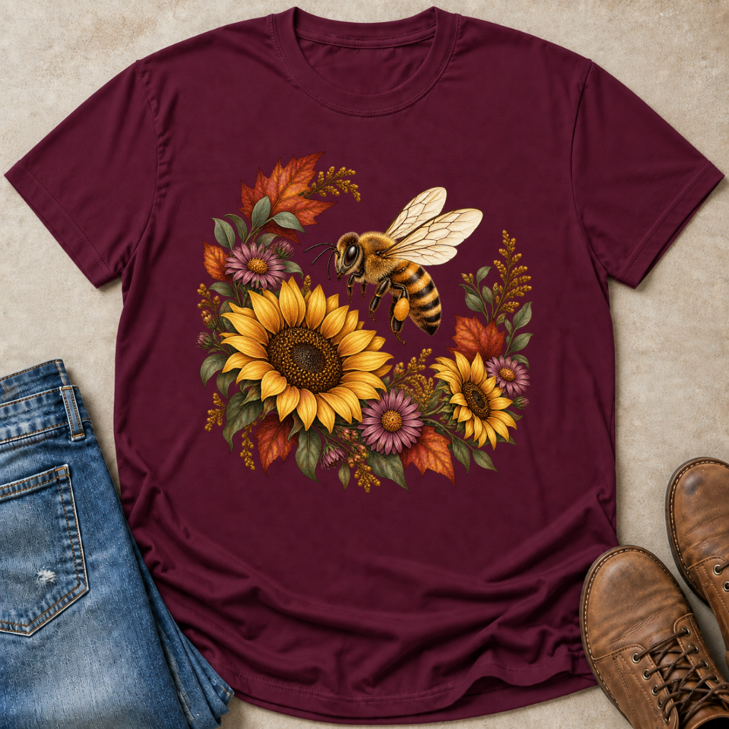 A maroon short-sleeve t-shirt laid flat on a textured beige surface, featuring a large graphic of a bee surrounded by sunflowers, purple blossoms, and autumn leaves. Blue jeans and brown boots are styled around the shirt.