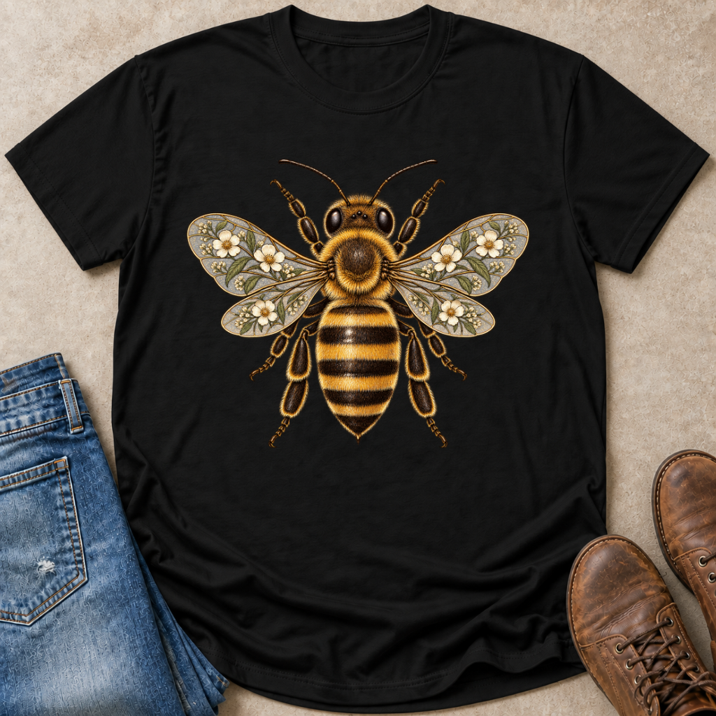 A black short-sleeve crewneck t-shirt featuring a large vintage-style bee graphic with floral details on its wings, styled in a flat-lay with blue jeans and brown leather boots on a textured beige background.